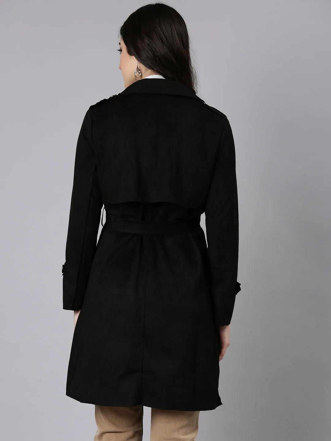 Women Solid Longline Black Trench Coat with Belt