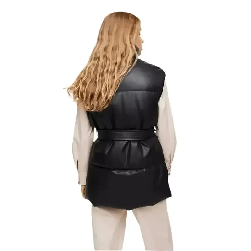Women’s Black Leather Puffer Vest – Sleek & Cozy