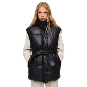 Women’s Black Leather Puffer Vest – Sleek & Cozy