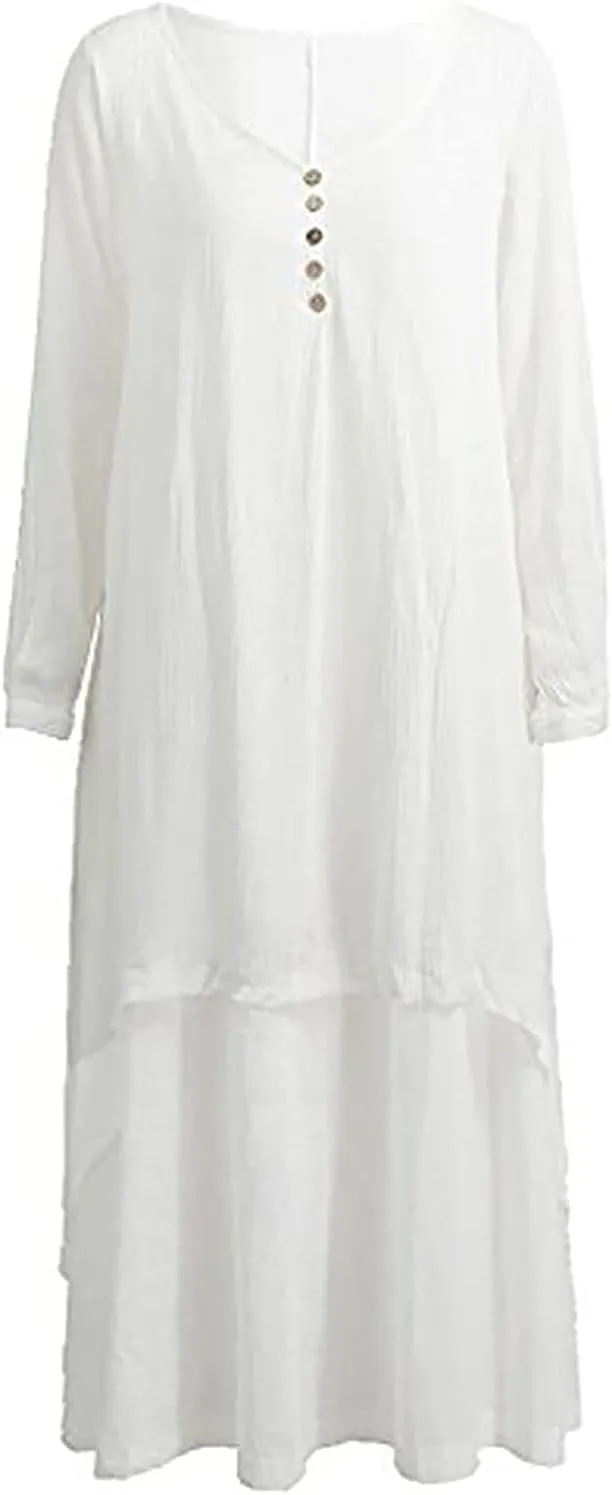 Women's Cotton Linen Irregular Double Layer Dress,Plus Size Long Sleeve Loose Boho Caftan Beach Dress