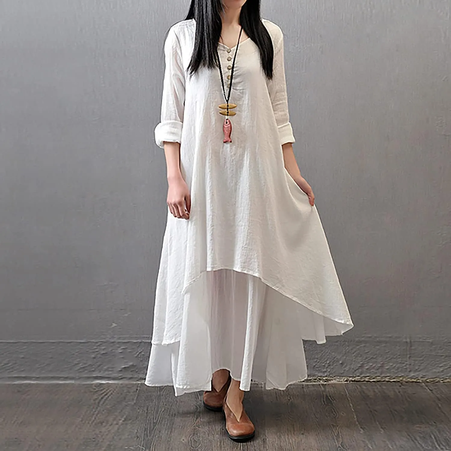 Women's Cotton Linen Irregular Double Layer Dress,Plus Size Long Sleeve Loose Boho Caftan Beach Dress