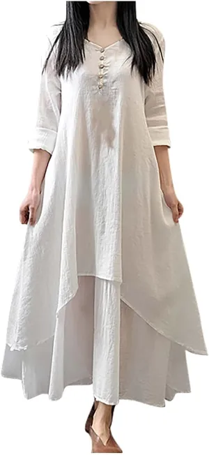 Women's Cotton Linen Irregular Double Layer Dress,Plus Size Long Sleeve Loose Boho Caftan Beach Dress