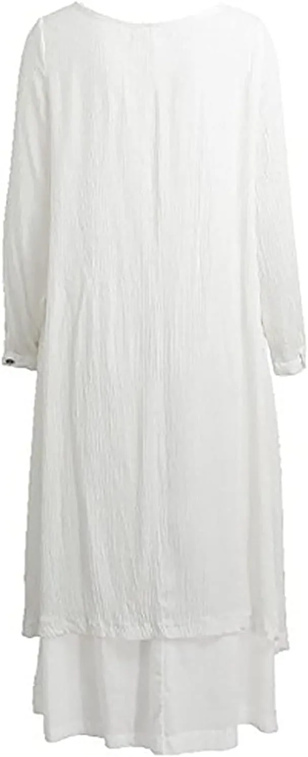 Women's Cotton Linen Irregular Double Layer Dress,Plus Size Long Sleeve Loose Boho Caftan Beach Dress