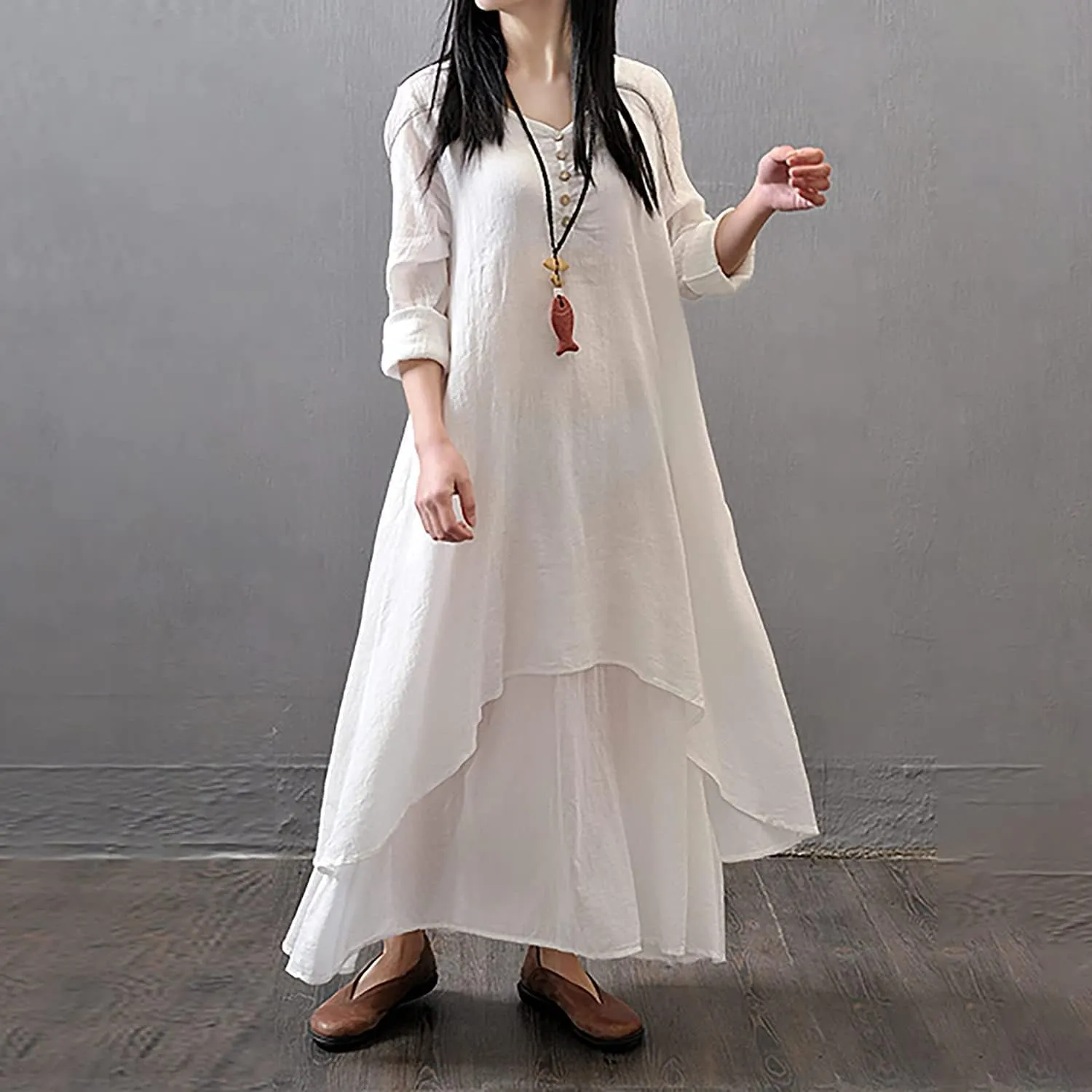 Women's Cotton Linen Irregular Double Layer Dress,Plus Size Long Sleeve Loose Boho Caftan Beach Dress