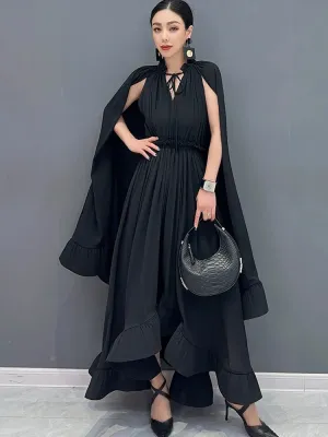 Women's Stylish Elegant Cape Ruffle Midi Dress