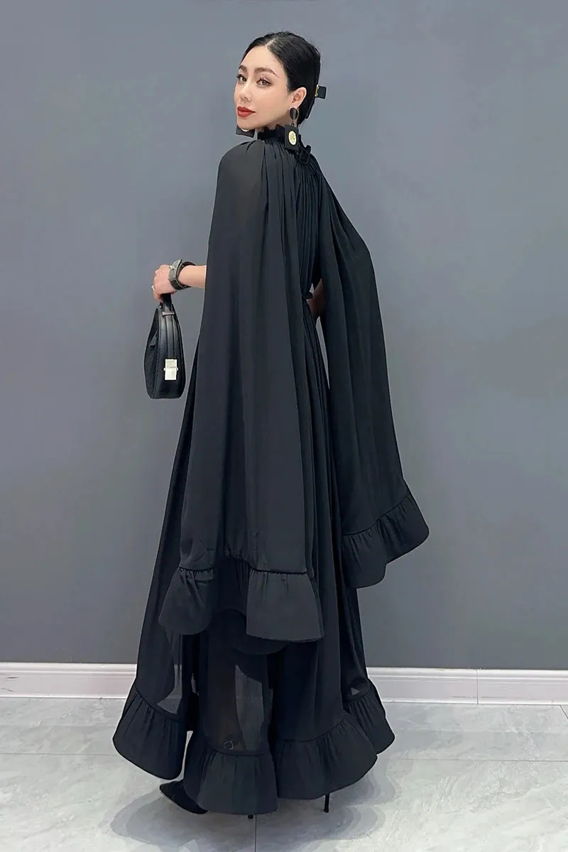Women's Stylish Elegant Cape Ruffle Midi Dress