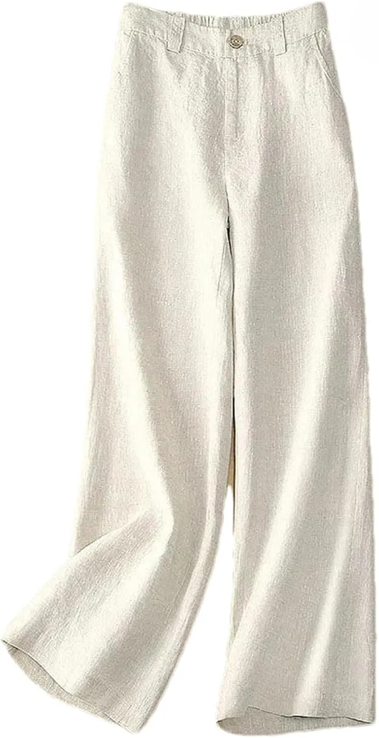 Women's Summer Linen Wide Leg Casual Trousers - High Waist Elastic, Loose, Cotton and Linen, Solid Color Straight