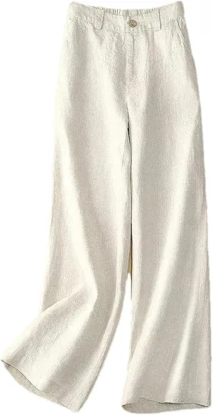 Women's Summer Linen Wide Leg Casual Trousers - High Waist Elastic, Loose, Cotton and Linen, Solid Color Straight