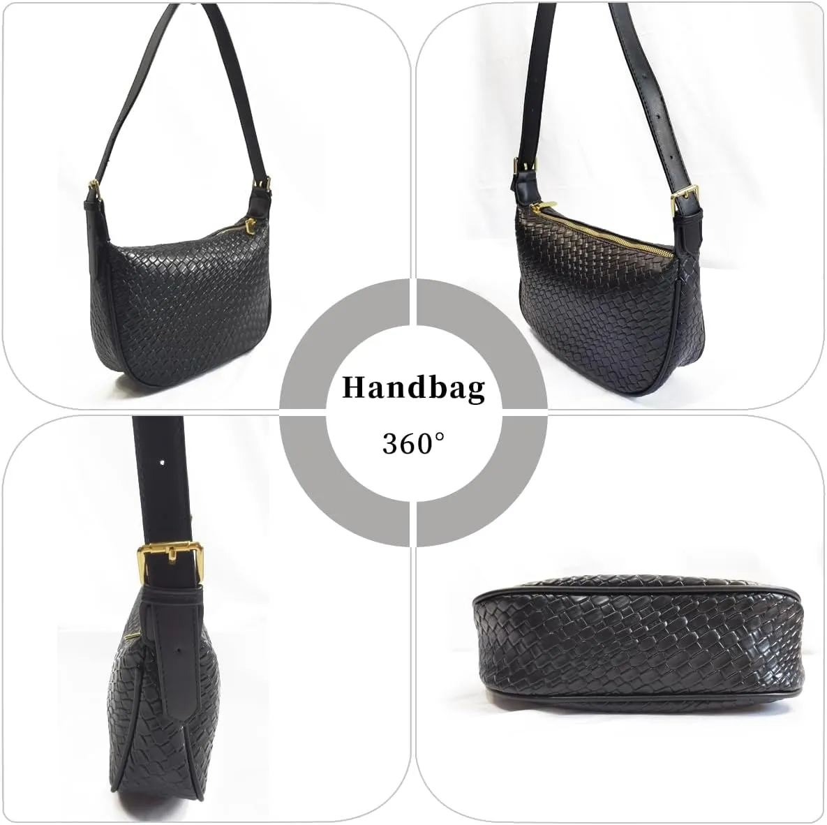 Woven Crossdbody Bag Vegan Leather Bag For Women Crescent Shoulder Hobo Handbag with 2 Adjustable Strap