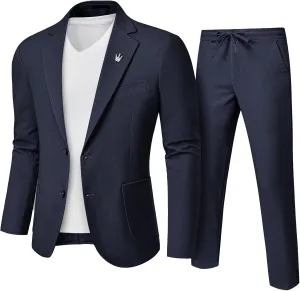 YND Men's 2 Pieces Linen Suit Regular Fit, Two Buttons Lightweight Jacket and Pants for Beach Wedding, Casual, or Summer Time