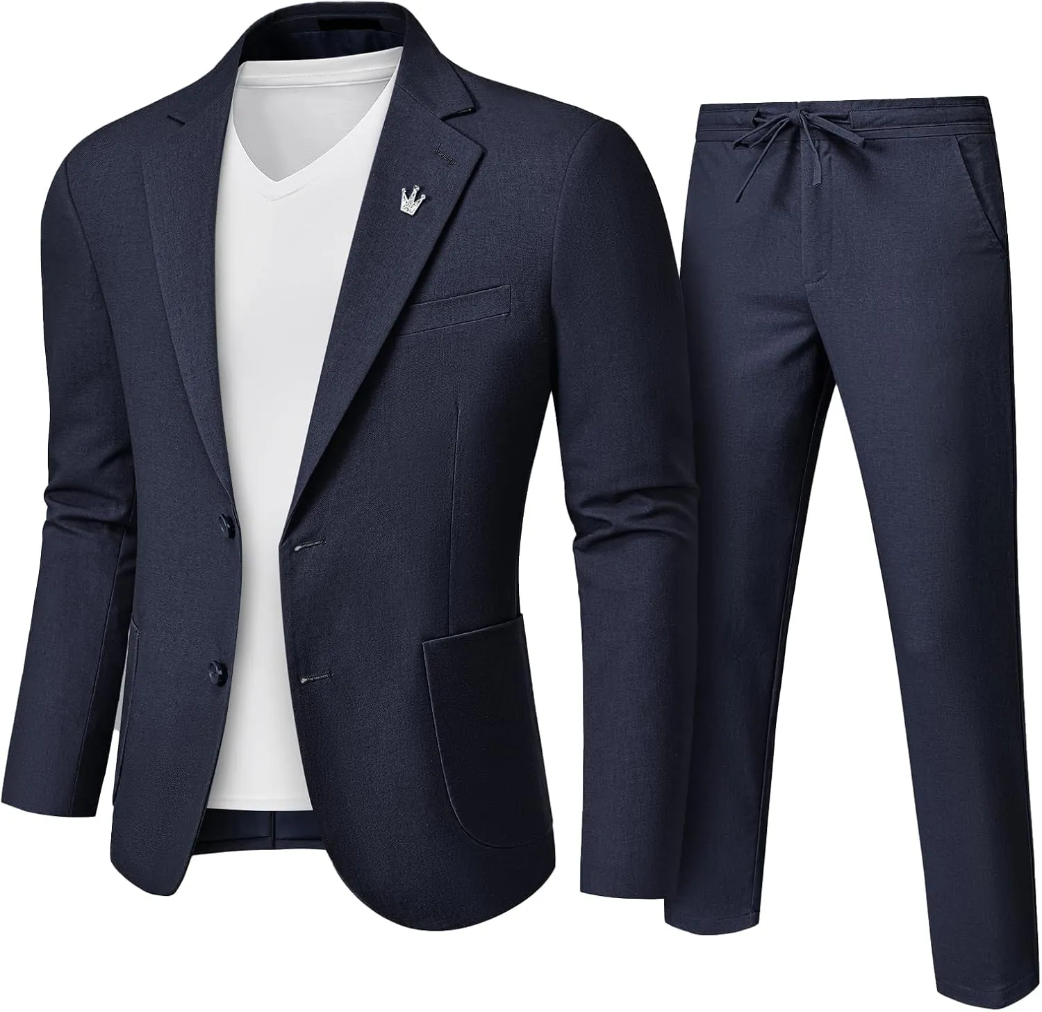YND Men's 2 Pieces Linen Suit Regular Fit, Two Buttons Lightweight Jacket and Pants for Beach Wedding, Casual, or Summer Time