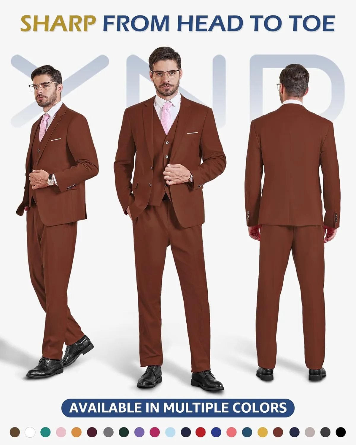 YND Men's Slim Fit 3 Pieces Suit, Two Buttons Blazer Set, Jacket Vest and Pants for Wedding Party Business Prom