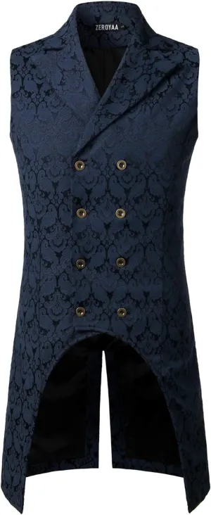 ZEROYAA Mens Gothic Steampunk Double Breasted Jacquard Brocade Vest Waistcoat Sleeveless Tailcoat